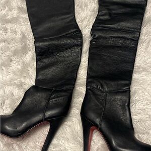 Christian Louboutin Black Over-the-Knee Leather High-Heel Boots with Red Soles